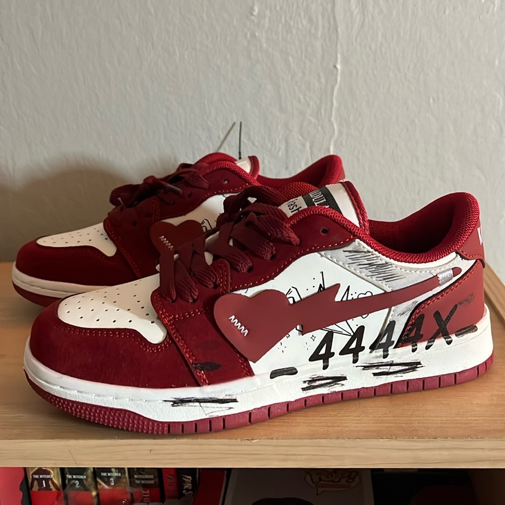 Red and white sneakers